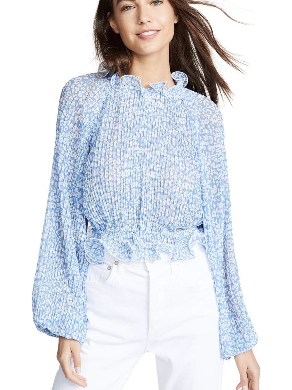 C/MEO Collective Light Blue & White Printed Ruffle-Neck Blouse - XS